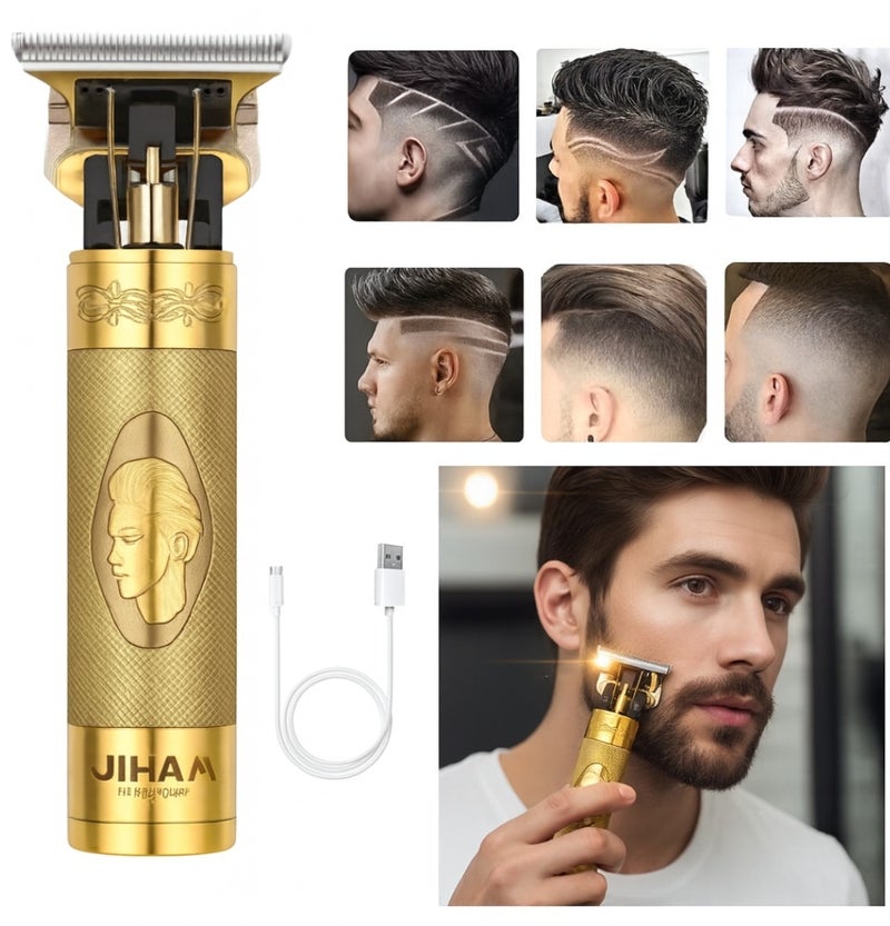 جيهام ماكينة تشذيب شعر الرجال - ماكينة تشذيب لحية لاسلكية بشفرة على شكل حرف T، ماكينة تشذيب شعر بدون فجوات، ماكينة تشذيب كهربائية ذهبية قابلة لإعادة الشحن عبر منفذ USB للحية وتصفيف الشعر وتحديد الحواف والتفاصيل - Image 1